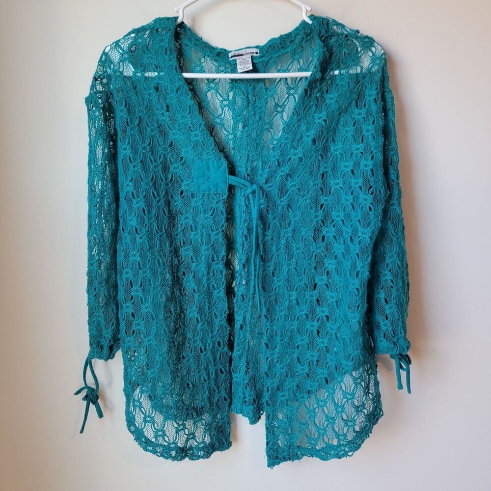 Vintage Lace Womens Top Medium M Floral Green Cottagecore Boho Fairy Tie Front